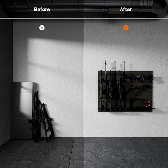 Hold Up Displays Gun Wall Mount Display, Modular Tactical Wall for 6 Pistols and 6 Rifles, Police Gear Rack and Equipment Organizer, Heavy-Duty Aluminum FDE Slatwall Gun Storage System