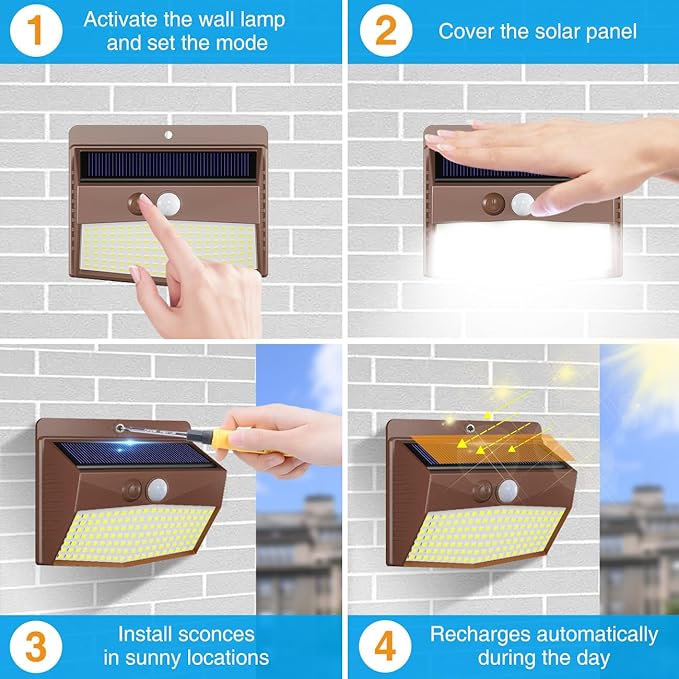 [4 Packs] Solar Outdoor Lights Motion Sensor Solar Security Lights Waterproof with 3 Lighting Modes Solar Powered Wall Lights Outside for Garden Fence Yard,Brown