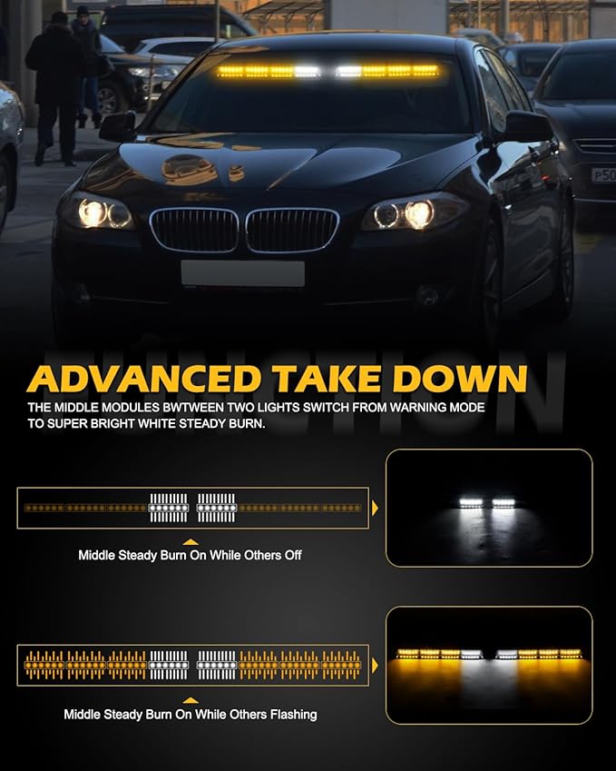 HLauto 604N Emergency Dash Strobe Lights: 2x16.8 inch Amber Security Light w/Take Down, 48 LED Safety Flashing Warning Hazard Interior Windshield Visor Light Bar for Trucks Vehicles
