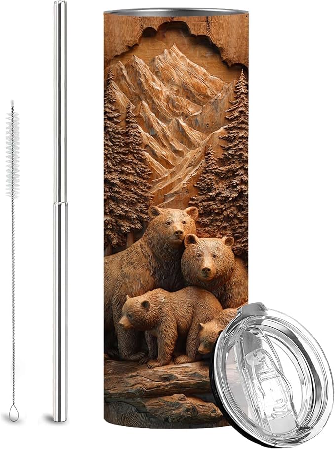 Firmiso 20 oz Tumbler｜Skinny Insulated Travel Mug｜Bear Family Mountain Forest Stainless Steel Cup with Lid and Telescopic Straw｜Rustic Wildlife Drinkware｜Outdoor Gift Idea for Men