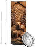 Firmiso 20 oz Tumbler｜Skinny Insulated Travel Mug｜Bear Family Mountain Forest Stainless Steel Cup with Lid and Telescopic Straw｜Rustic Wildlife Drinkware｜Outdoor Gift Idea for Men
