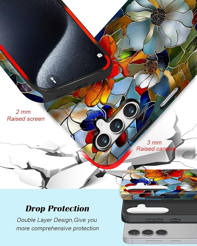 Compatible for Samsung Galaxy A17 5G Case, Dual Layer Heavy Duty 2 in 1 Shockproof Protective Phone Case,Stained Glass Blooming Flowers