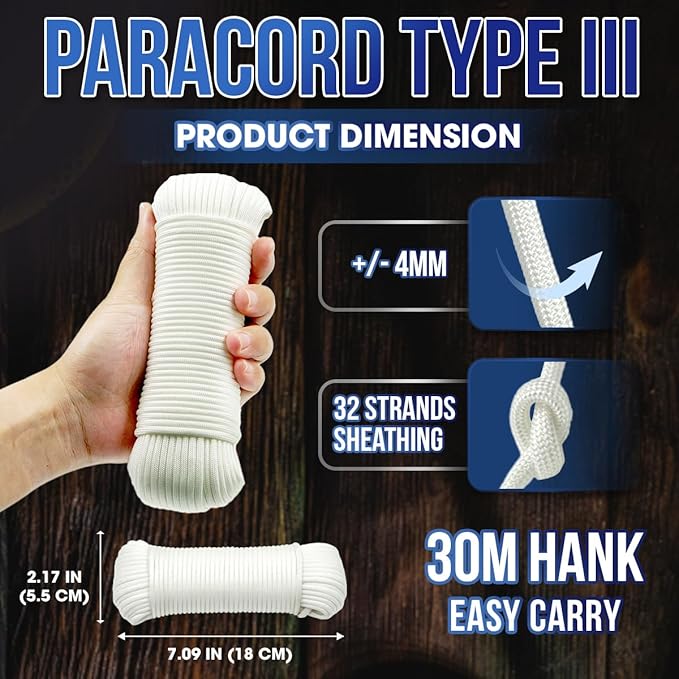 High Tensile Paracord Type III Parachute Cord Reflective Paracord Rope Tactical Paracord for Camping, Survival, Gear Repair & DIY (White, 98 Ft)