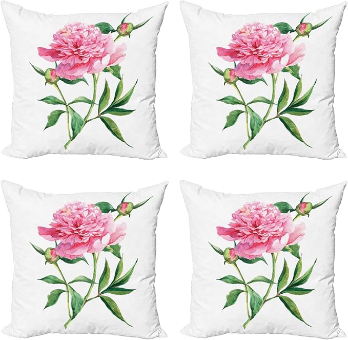 Ambesonne Watercolor Flower Throw Pillow Cushion Case Pack of 4, Vintage Peony Painting Botanical Spring Garden Flower Nature Theme, Modern Accent Double-Sided Digital Printing, 20", White Pink