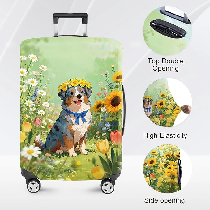 ANNA QUEEN Spring Cute Dog Travel Luggage Cover-Flower Stretchable Airplane Suitcase Protector Sleeve,Universal Washable Fit for 32-34 Inch Checked Baggage,Water Resistant Durable Luggage Protector