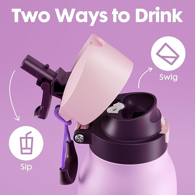 Meoky 24 oz Stainless Steel Slim Water Bottle: Leak Proof Locking Lid, 2-in-1 Straw and Spout, 24 Hours Cold, Top Handle, BPA Free, Insulated Water Bottle for Women Sports Travel Gym, Lavender