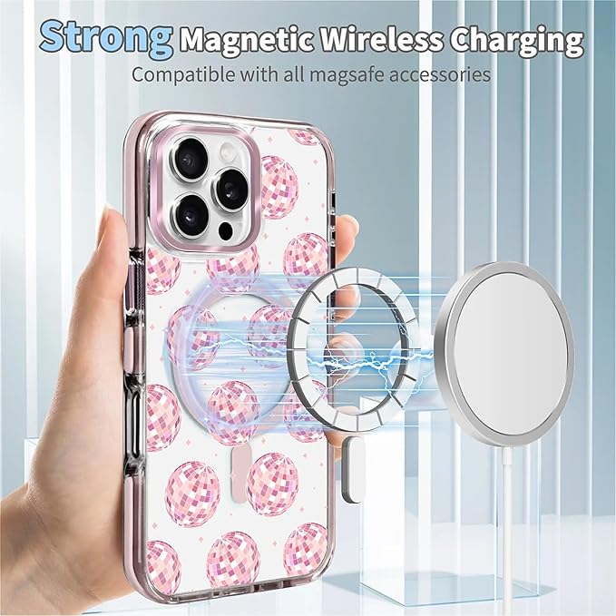 Case for iPhone 16 Pro Max,[Compatible with MagSafe],Disco Balls Pink Phone Case Design，for Women Girls Magnetic Clear Cover - Slim, Sleek, & Shockproof Protection