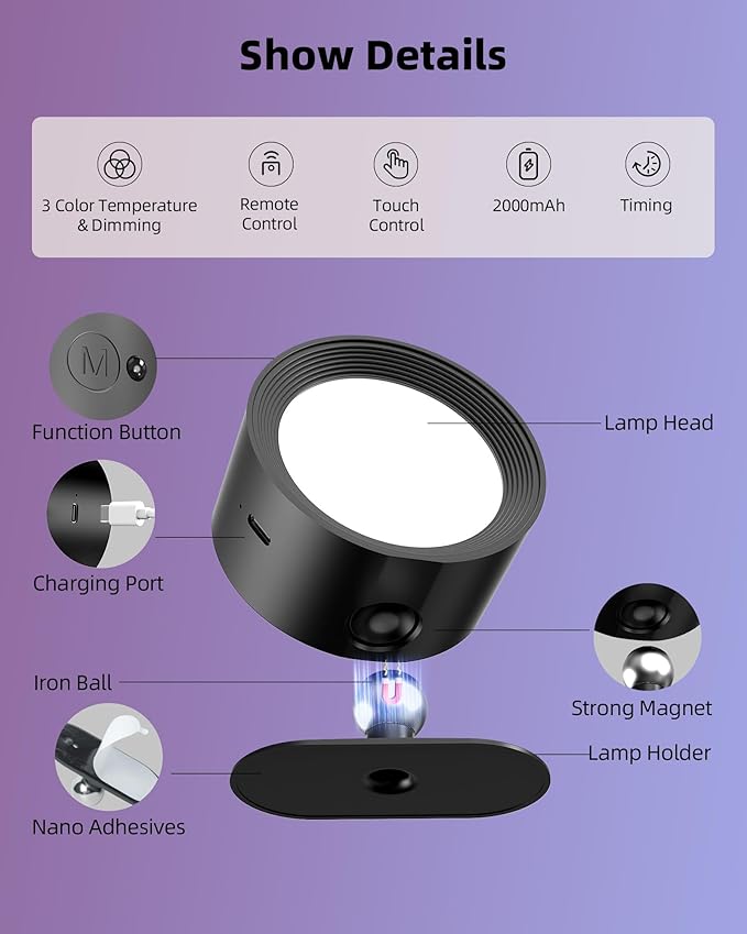 Wall Mounted Lights, 3 Pack Rechargeable RGB Color Changing Light, 3 Color Temps & Remote and Touch, 360° Rotation Dimmable Cordless for Study Bedroom Reading Bedside (Black)