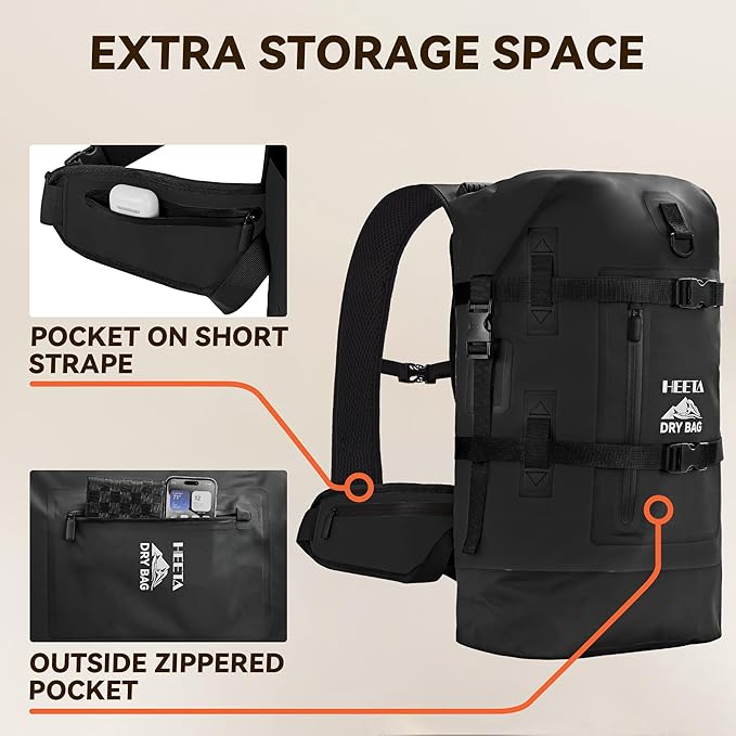 HEETA Dry Bags Waterproof Backpack 40L for Men & Women, Roll Top Heavy Duty Cushioned Hiking Backpack for Kayaking Boating Paddle Boarding Fishing Travel Camping Beach Vacation Cruise Ship Essentials