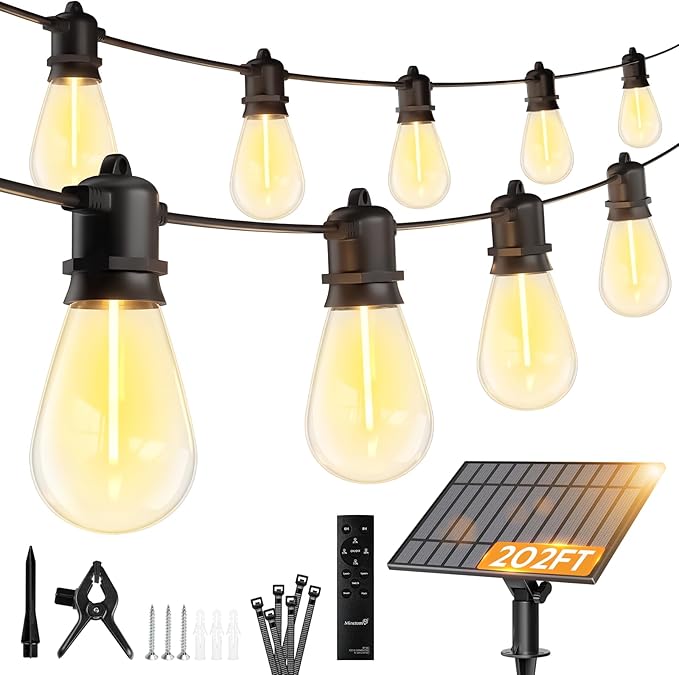 Minetom 202FT Solar String Lights Outdoor Waterproof, 65 LED S14 Shatterproof Bulb, Patio Lights with Remote Type-C Port Timable, 3 Light Modes Dimmable Solar String Lights for Outside, Yard, Camping