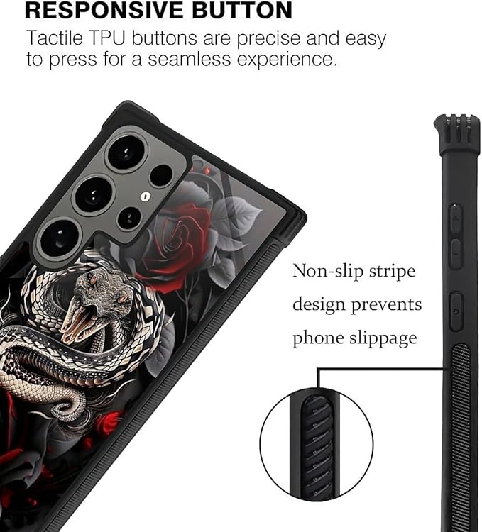 for Samsung Galaxy S24 Ultra Case, Entwined Rose Snake Pattern Graphic Design Girl Boy Soft Silicone Hard Acrylic Shock Protection for Samsung Galaxy S24 Ultra