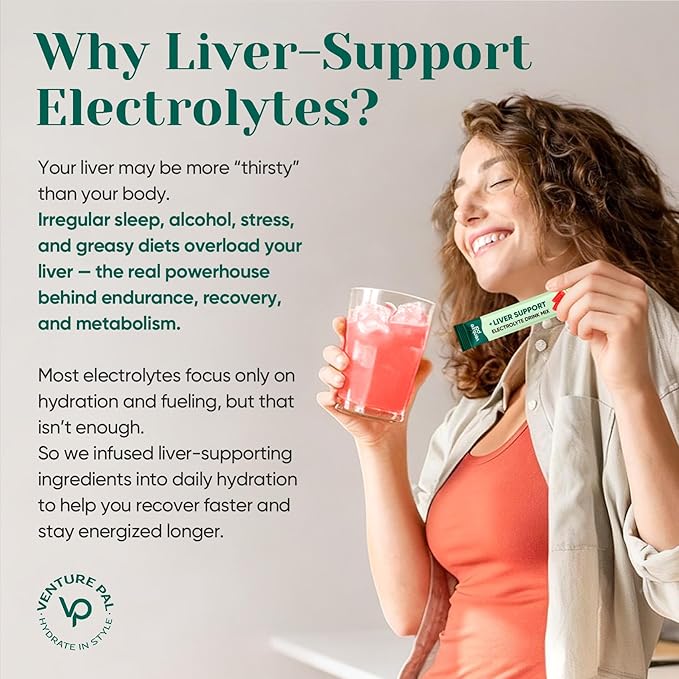 Venture Pal Hydration Packets + Liver Support- Liquid Daily IV Electrolyte Powder Packets with 7 Electrolytes & 5 Vitamins, Milk Thistle + L-Theanine | Sugar-Free | Keto Friendly | Vegan, 16 Sticks