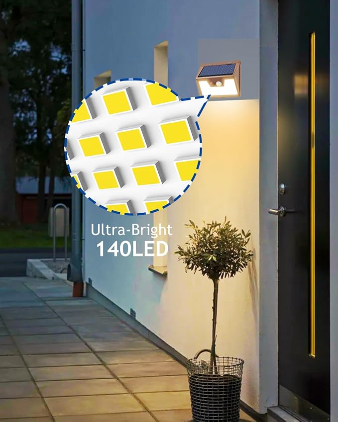 Peasur Solar Lights Outdoor Motion Sensor Waterproof, 4Pack 140LED Brown Solar Powered Fence Light, 3 Modes Security Wall Lights for Garden Yard Outside(Warm White)