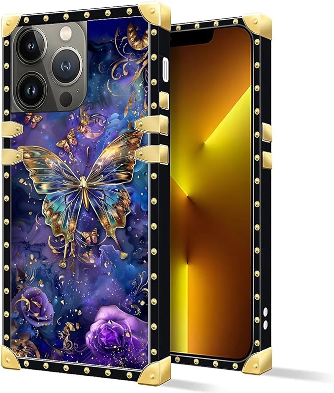 Compatible with iPhone 13 Pro Case, Glistening Golden Butterfly Vibrant Purple Blue Luxury Golden Decoration for Girl Women Soft TPU Shockproof Protective Hard PC Back