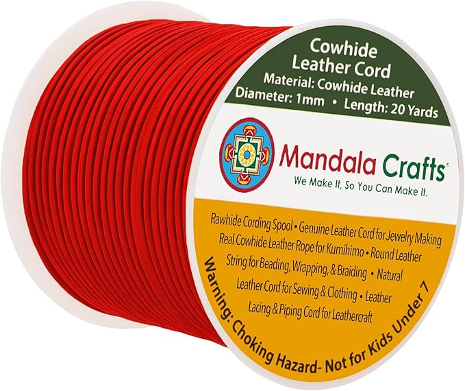 Mandala Crafts Round Cowhide Genuine Red Leather Cord for Jewelry Making Kumihimo Leather Rope Spool - Red String Lace - 20 Yds 1mm Cording