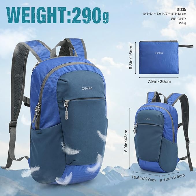 G4Free Small Hiking Backpack 20L Lightweight Foldable Packable Travel Daypack with Thickened Back Panel for Men Women (Blue)