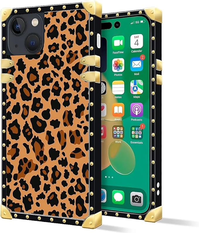 Compatible with iPhone 14 Case, Brown Leopard Texture Luxury Golden Decoration for Girl Women Soft TPU Shockproof Protective Hard PC Back for iPhone 14