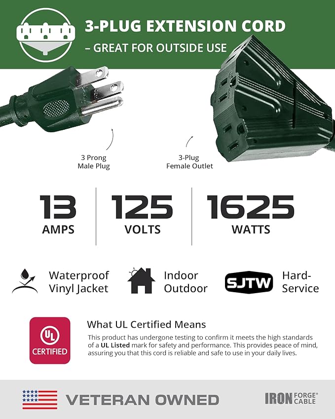 Iron Forge Cable 2 Pack 25ft Green Outdoor Extension Cord with 3 Outlets - 16/3 SJTW 25ft Extension Cord, 13 Amp All-Weather Heavy Duty Power Cable