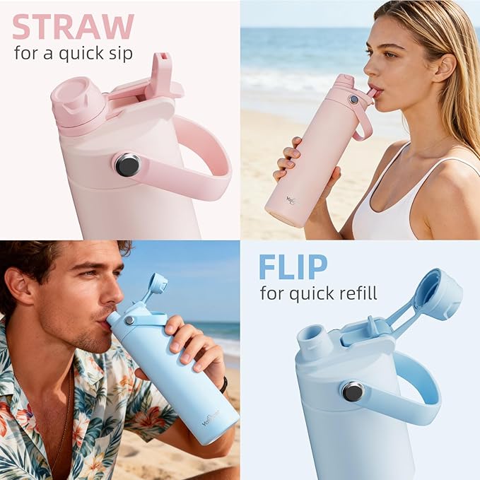 26oz Insulated Water Bottle with 2-in-1 Straw and Spout Lid, 304 Stainless Steel Water Bottle Keep Cold for 24H,Leak-Proof,Sports Water Bottle with Braided Carry Strap for Travel,Outdoors,Sky Blue