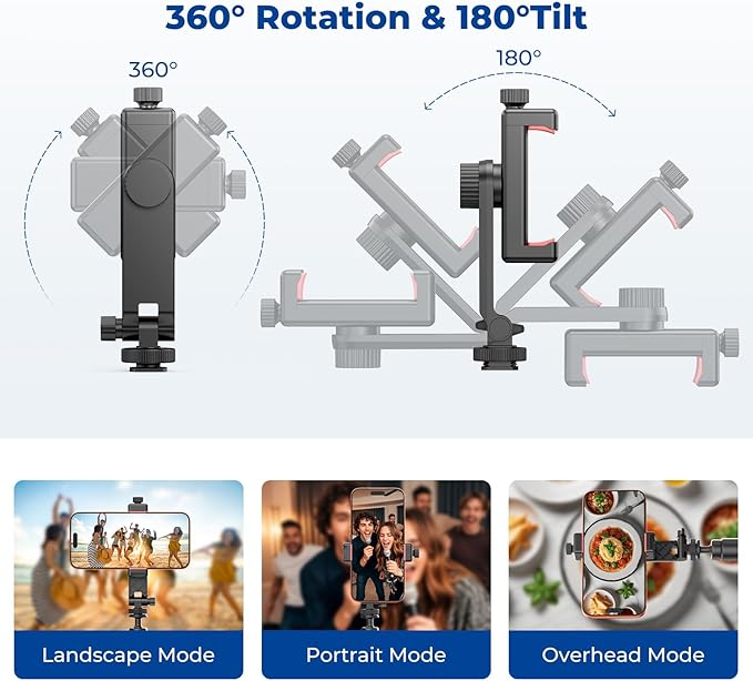 Ruittos Phone Tripod Mount with Remote Controller, New Universal Smartphone Mount Adapter with Cold Shoe, 360° Rotates Cell Phone Clip Clamp Holder, Compatible with iPhone, Samsung and All Phones