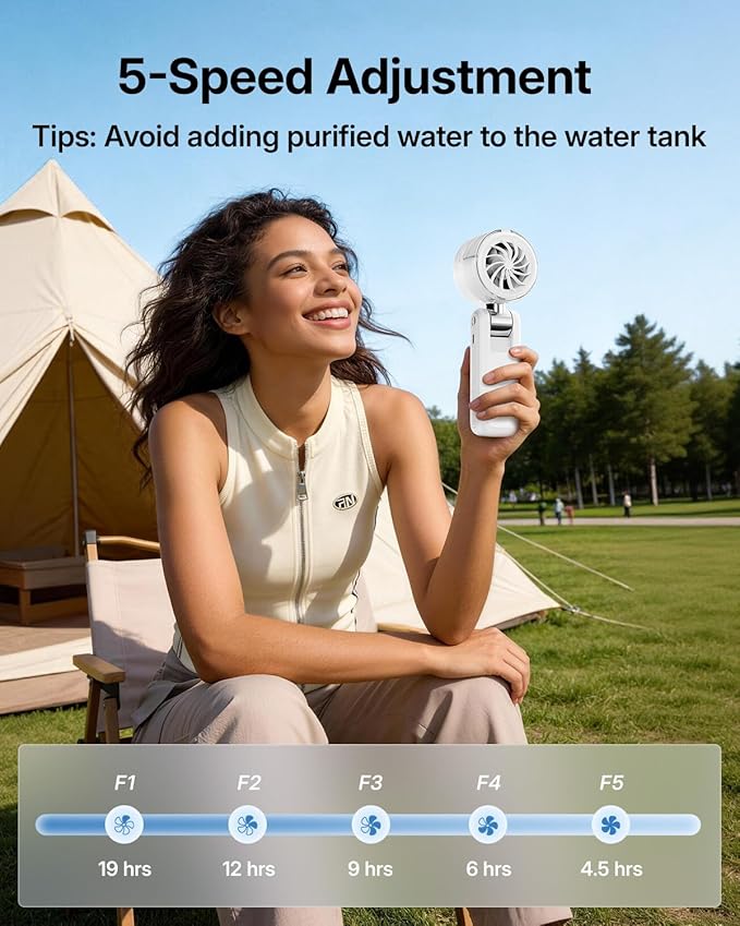 Misting Fan Portable - Handheld Turbo Fan with Mist, Spray Water Mister Fans, 4000mAh Rechargeable, 5-Speeds, Personal Gifts for Women Beach Travel Outdoor - White
