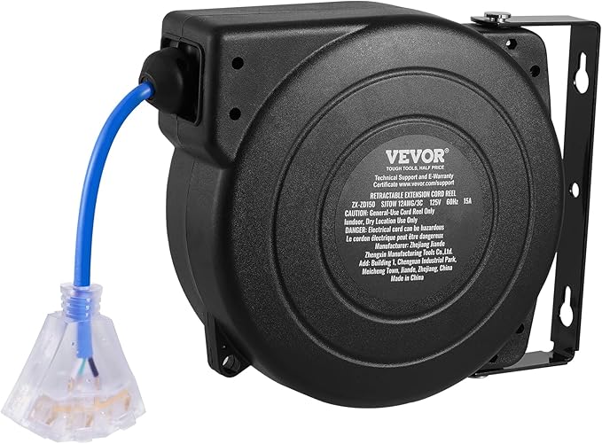 VEVOR Retractable Extension Cord Reel, 45 FT, Heavy Duty 12AWG/3C SJTOW Extension Power Cord with Lighted Triple Tap Outlet, 15A Circuit Breaker 180° Swivel Bracket for Ceiling or Wall Mount, Blue