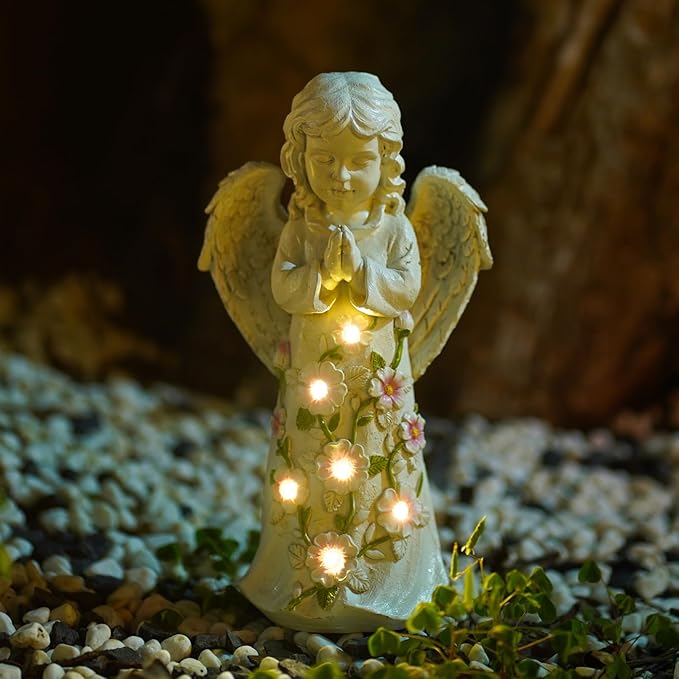 Nacome Garden Outdoor Statues Angel with Succulent and 7 LED Lights – Lawn Decor for Patio, Balcony, Yard Ornament for Mom Grandma Women