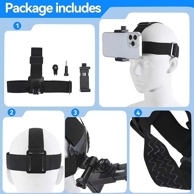 Head-Mounted Mobile Phone Holder,First-Person View Video Outdoor Live Shooting Bracket with Phone Clip(4"-7") for iPhone Samsung Smartphones and GoPro Insta360 Sony DJI Action Camera Head Mount Strap