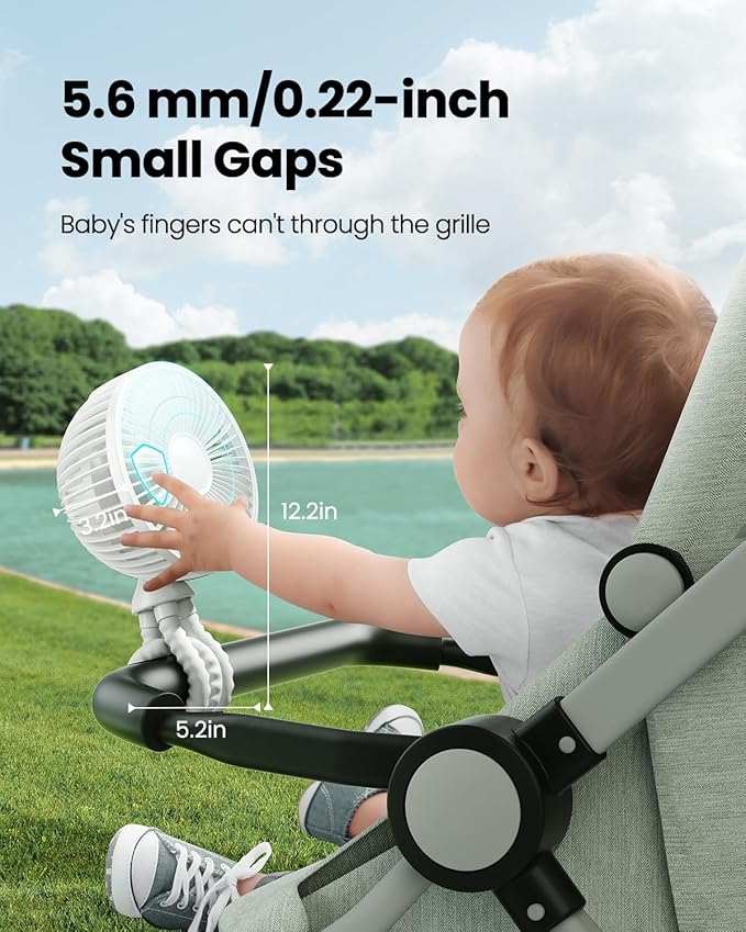 Gaiatop Oscillating Baby Stroller Fan with LED Night Light, 4 Speeds Cooling Rechargeable 360° Rotate Clip On, Battery Operated Small Portable Fans for Car Seat Crib Treadmill Travel