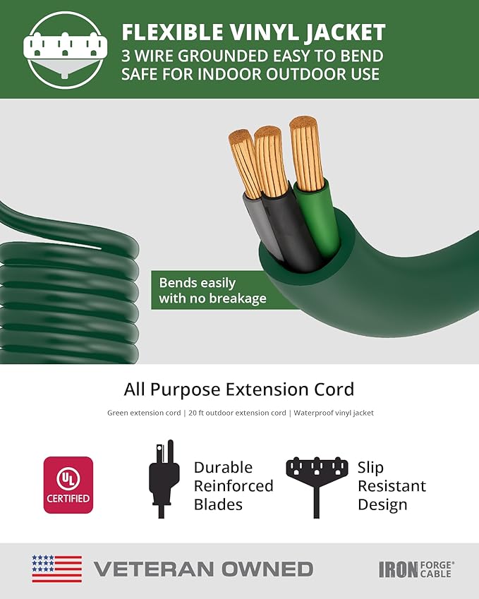 Iron Forge Cable 20ft Green Outdoor Extension Cord with 3 Outlets - 16/3 SJTW 20ft Extension Cord 3 Prong, 13 Amp All-Weather Heavy Duty Power Cable