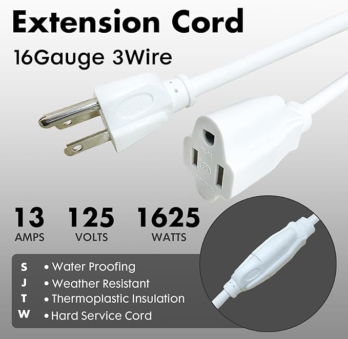 8ft White Outdoor Extension Cord Waterproof, UL Listed, 16/3 SJTW Heavy Duty 3 Prong, 16 Gauge 13A Power Cord Ideal for Indoor Outdoor Lights, Appliances, and Lawn