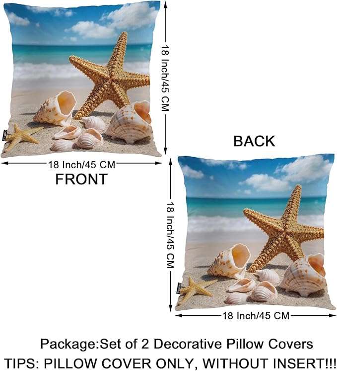Swono Starfish Decorative Throw Pillow Cushion Covers, Ocean Beach Starfish Seashells Cosy Pillowcase Home Decor, Double-Sided Printed Pillow Covers for Bedroom Livingroom Office 18x18 Set of 2