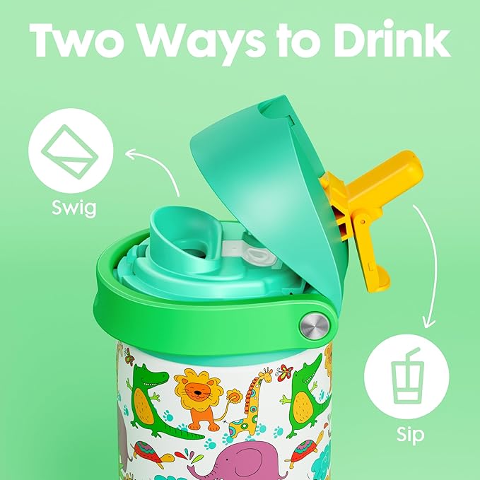 18 oz Kids Water Bottle for School: Meoky 18 oz Stainless Steel Insulated Water Bottle with 2-in-1 Straw and Spout Lid - Leak Proof, Fits in Car Cup Holder, BPA-Free for Teens Boys Girls, Wild Animals