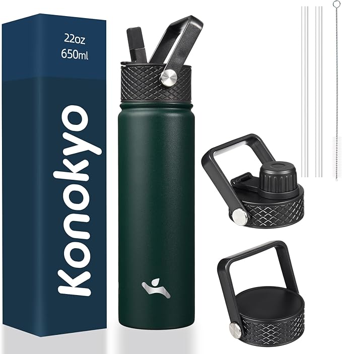 Konokyo 22oz Stainless Steel Bottles with 3 Lids Sport Insulated Water Bottle,Army Green