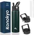 Konokyo 22oz Stainless Steel Bottles with 3 Lids Sport Insulated Water Bottle,Army Green