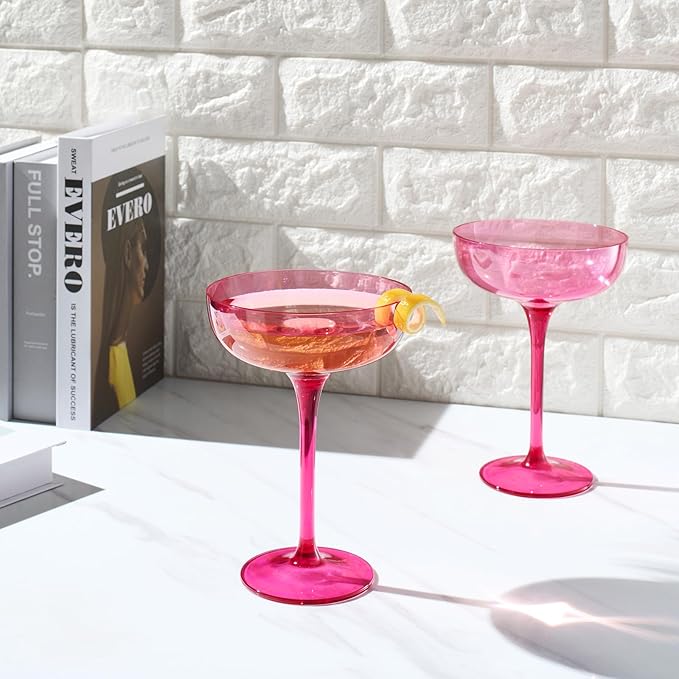Khen Acrylic Shatterproof Martini, Margarita, Champagne & Cocktail Unbreakable Glasses | Set of 2 | 15oz Large Plastic Coupe Glasses, Tritan Drinkware, BPA-Free, Reusable, Pool (Pink)