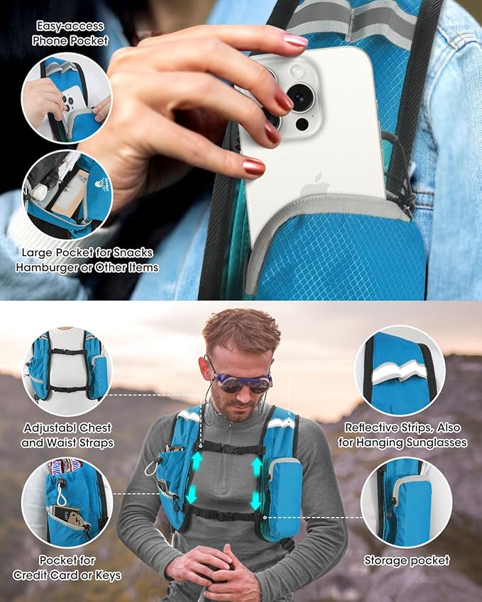 Foldable Small Hiking Backpack with 3 Strap Pockets – Lightweight 300D Spill-proof Daypack for Men Women – Packable Small Travel Backpack with Chest Strap & Trekking Pole Holder – Durable Outdoor Bag