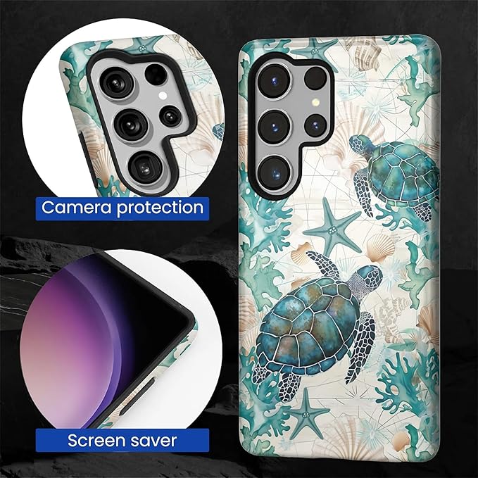 for Samsung Galaxy S25 Ultra Case,HL2 Ocean Sea Turtle Nautical Map Hybrid 2 Layer Hard Shell Silicone Protective Pattern Design Case