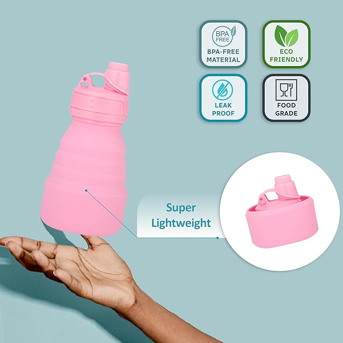 Collapsible Water Bottles 17oz, Odorless BPA-Free Silicone, Leak-Proof Foldable Reusable Bottle - Perfect for Travel Sports Gym Hiking Camping Cycling - Water Pink