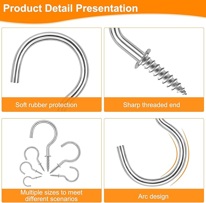 Cup Screw Hooks,1-1/2 inch Metal Screw in Ceiling Hooks 45 Pack Plant Hanger Wind Chimes Kitchen Cup Hooks Great for Hanging Indoor & Outdoor Use(Silver)