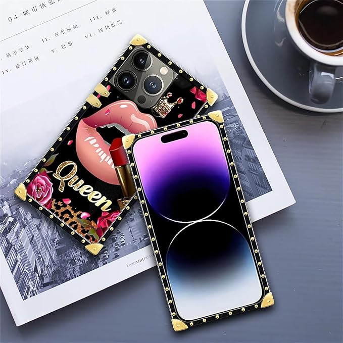 Compatible with iPhone 14 Pro Max Case, Glitter Red Rose Queen Leopard Lipstick Luxury Golden Decoration for Girl Women Soft TPU Shockproof Protective Hard PC Back