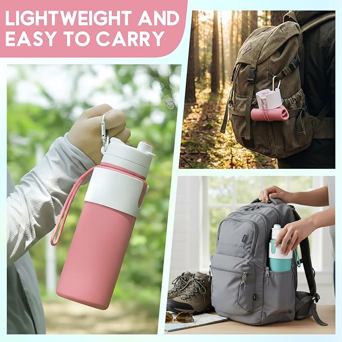 LemonRoad 2 Pcs 26 oz Silicone Collapsible Water Bottle, Portable Foldable Water Bottle Leakproof with Carabiner Reuseable Lightweight for Travel Sports Hiking Camping Cycling Office (Green,Pink)
