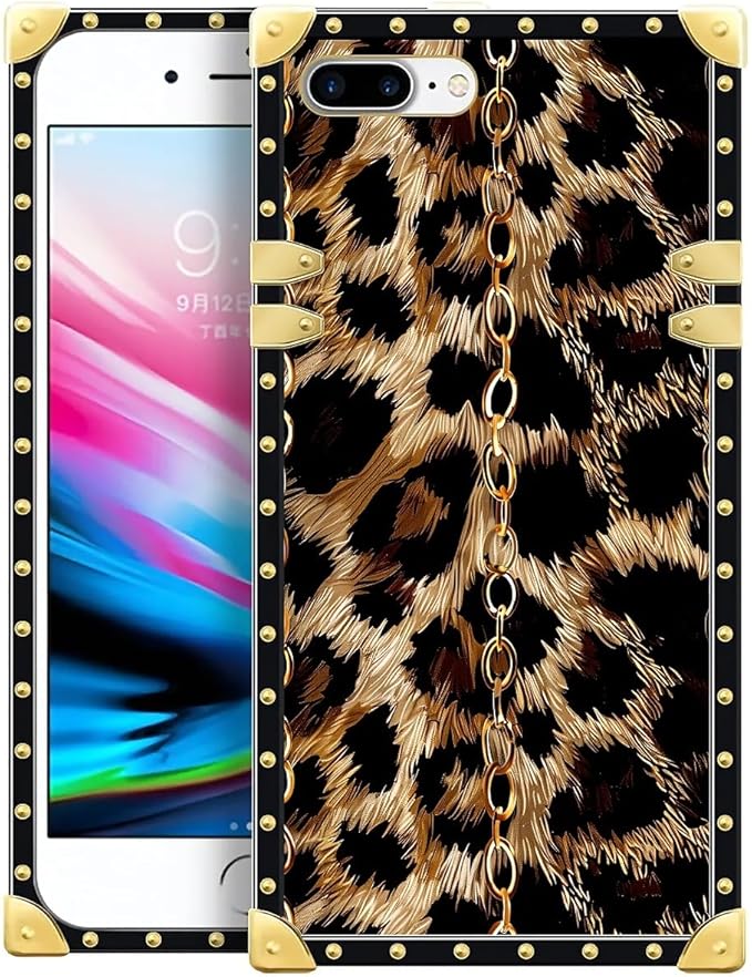 Compatible with iPhone 8 Plus 7 Plus Case, Seamless Gold Chain Leopard Luxury Golden Decoration for Girl Women Soft TPU Shockproof Protective Hard PC Back for iPhone 8 Plus 7 Plus