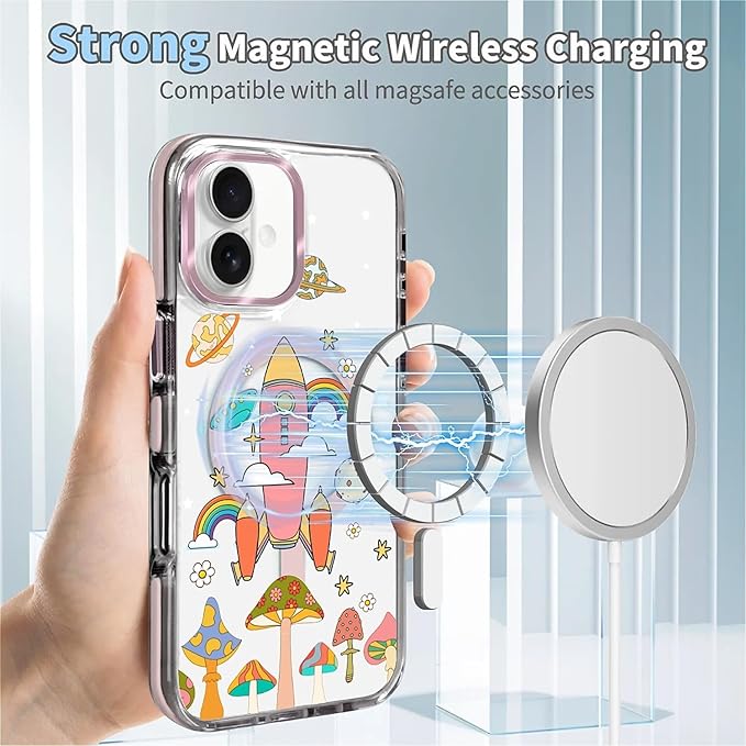 Case for iPhone 16,[Compatible with MagSafe],Spaceship Mushroom Phone Case Design，for Women Girls Magnetic Clear Cover - Slim, Sleek, & Shockproof Protection