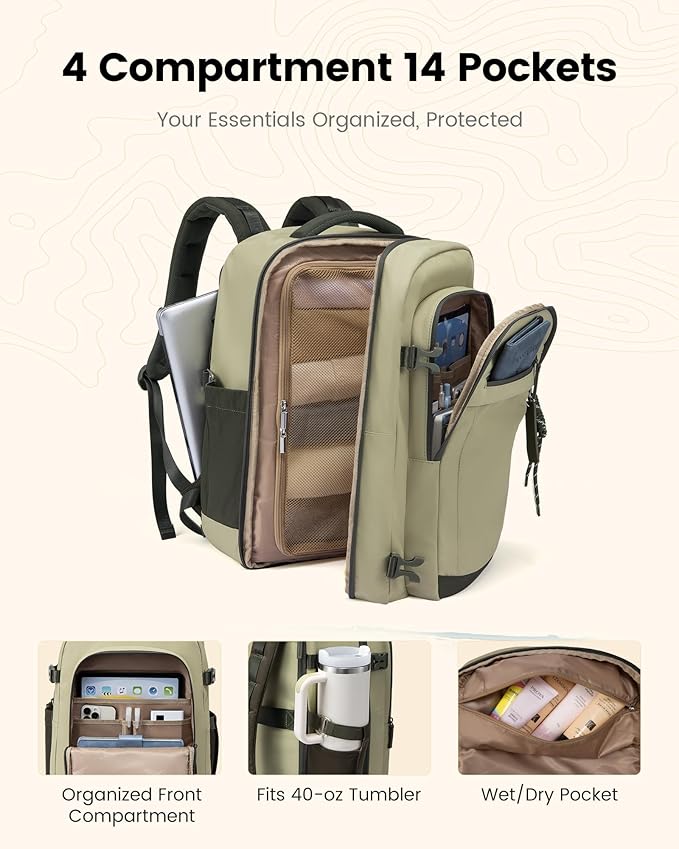 LOVEVOOK 40L Travel Backpack for Women & Men, Airline Approved Carry On Luggage, TSA Personal Item Bag fits 15.6 Inch Laptop, Waterproof Weekender Overnight Suitcase for Work, Green