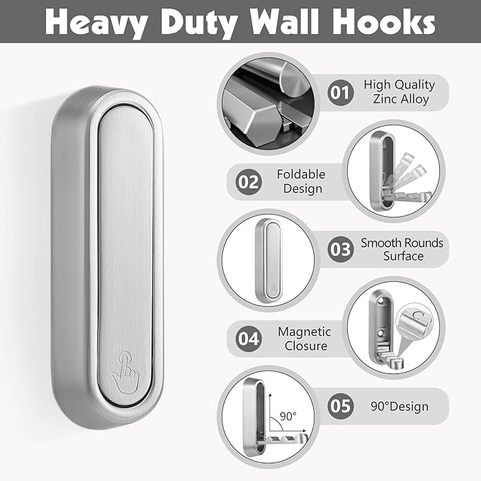 Dntorx Folding Coat Hooks, 2 Pcs Foldable Silver Wall Hooks Heavy Duty Foldable Hook Bathroom Towel Hooks Robe Hooks Wall Mounted for Hanging Coat Towels Clothes Hat Bags Keys