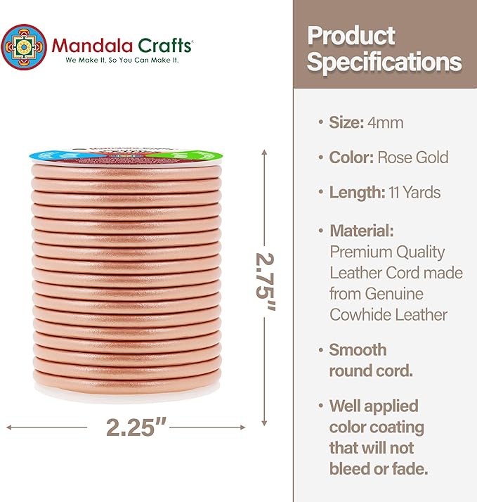 Mandala Crafts Round Genuine Rose Gold Leather Cord for Jewelry Making – 4mm Cowhide Leather Rope String Lace for Kumihimo – 11 Yards Cowhide Craft Cording Spool