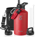 Trebo Water Bottle 64oz with Paracord Handle, Half Gallon Large Vacuum Triple Wall Stainless Steel Insulated Water Jug with Holder Strap Straw Spout Lids, Leakproof Keep Cold & Hot, Red