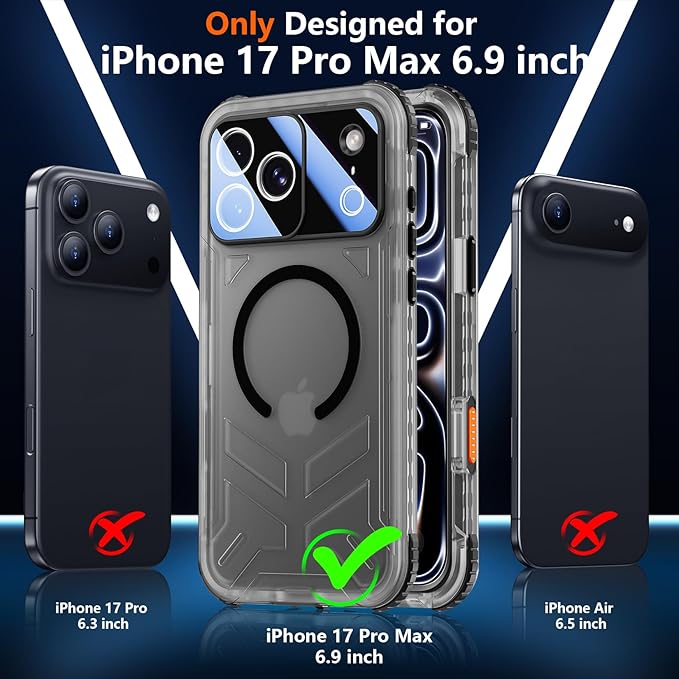 SPIDERCASE Magnetic for iPhone 17 Pro Max Case Waterproof,[Built-in Screen & Camera Protector] [IP68 Underwater] 12FT Military Shockproof, Dustproof, Anti-Scratched Phone Case,Black/Clear