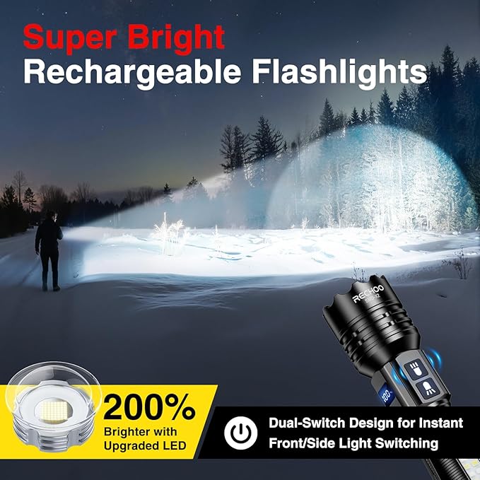 RECHOO Rechargeable Flashlights High Lumens 2 Pack, 7 Modes Dual-Switch Zoomable LED Flashlight with LCD Display, Super Bright Handheld Flashlights for Home, Camping, Emergency & Gifts for Men